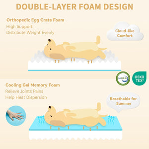 Illustration of a dog lying on a double-layer foam design with text describing the features at Pet Servo