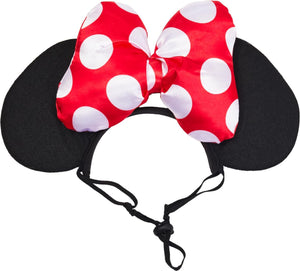 Black mouse ears headband with a large red bow covered in white polka dots, shown on a plain white background at Pet Servo