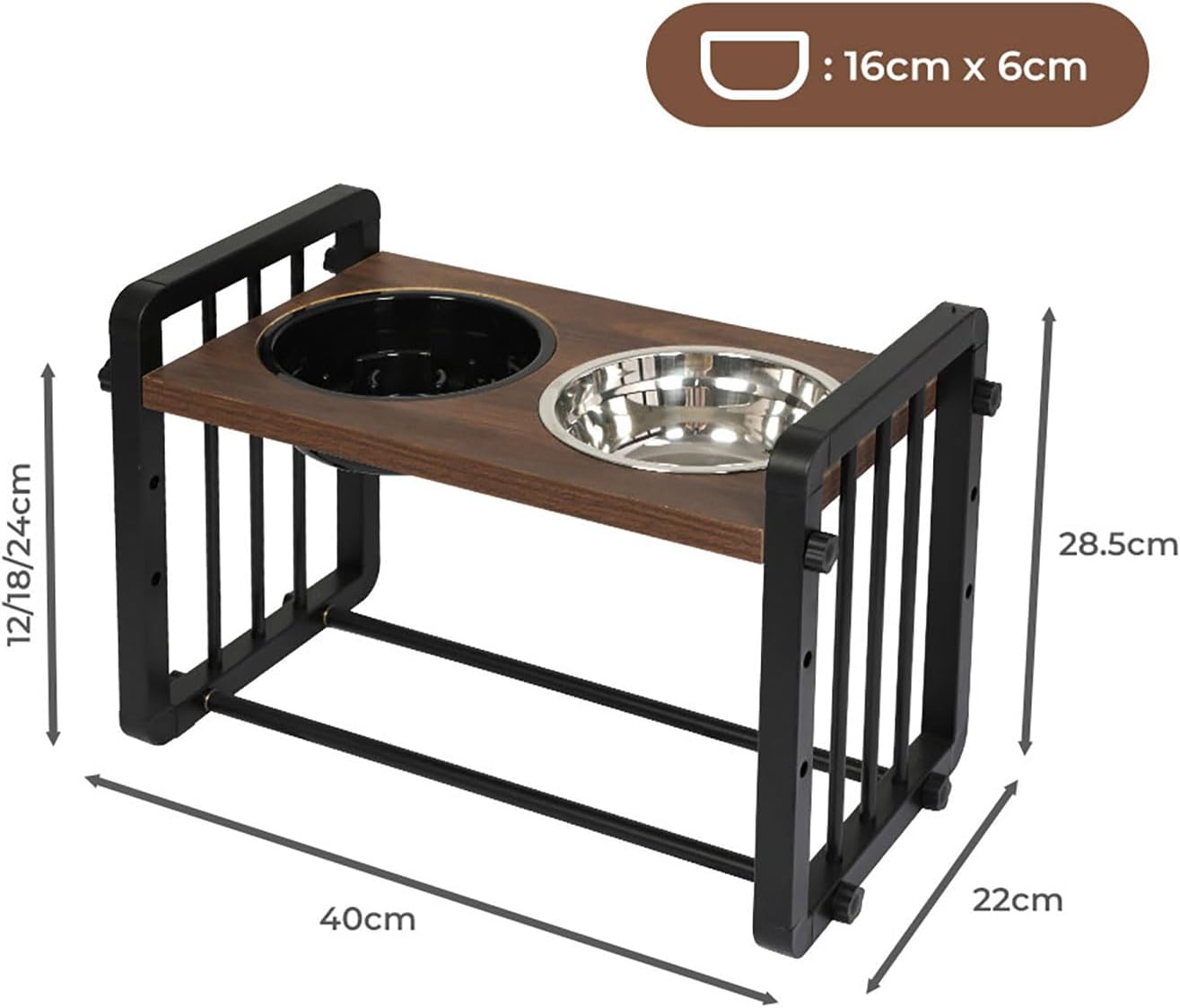 An elevated pet feeder stand with a dark brown wood-grain top, black metal frame, and two bowls (one black, one stainless steel), shown with dimension labels and a size badge indicating 16cm x 6cm bowl size at Pet Servo