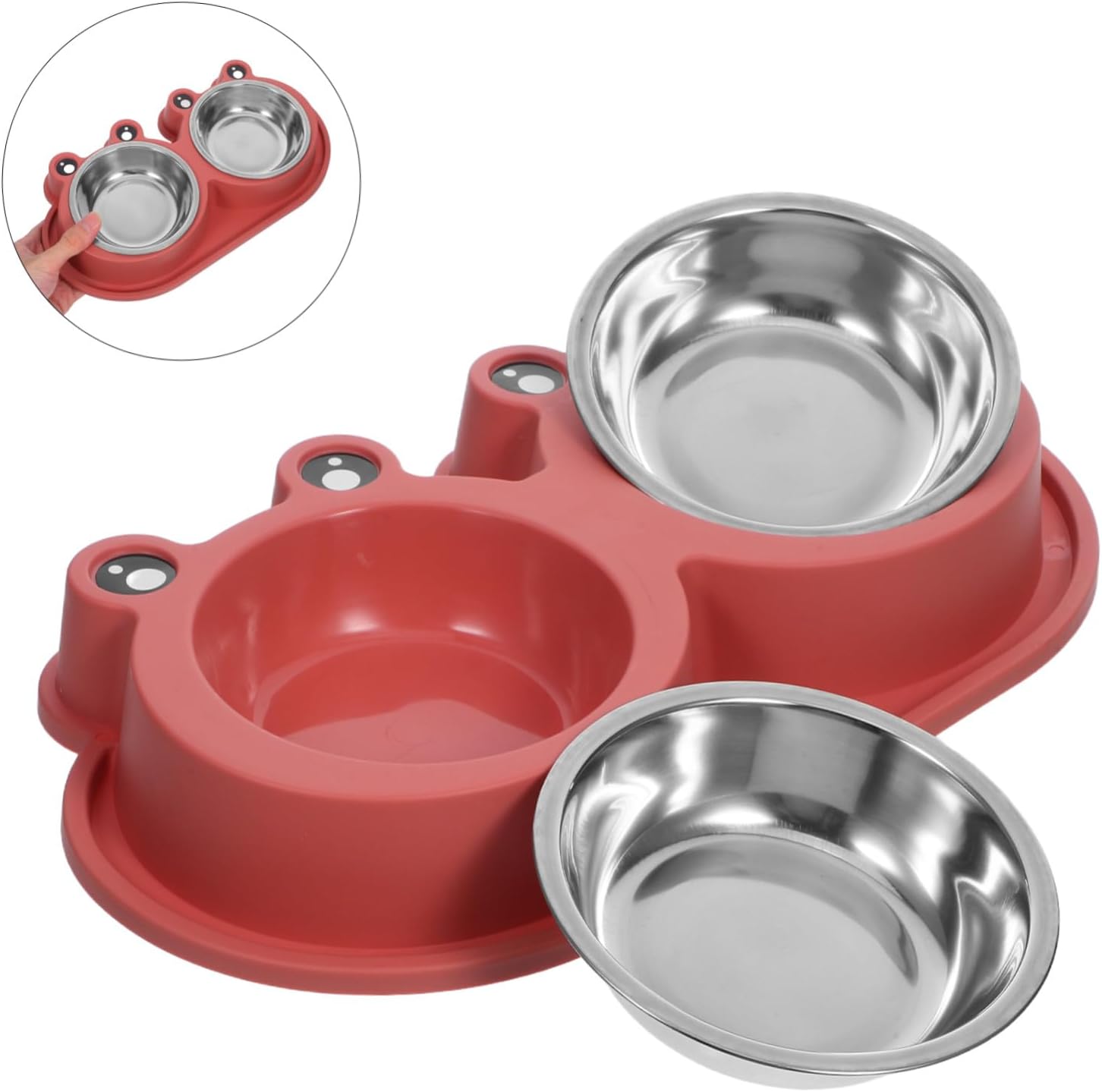 A red pet feeding station with two stainless steel bowls, shown on a white background with a circular inset demonstrating the two-bowl layout at Pet Servo