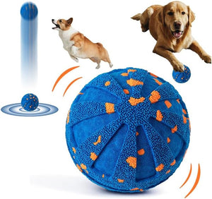 Blue dog toy with orange spots and images of dogs playing with it at Pet Servo