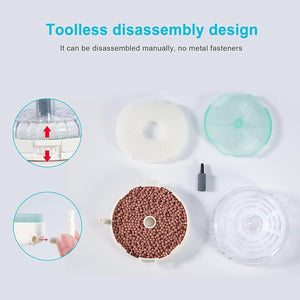Toolless disassembly design of a pet food dispenser with clear components on a light gray background at Pet Servo
