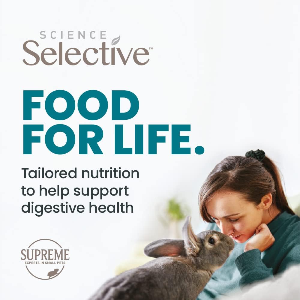 Woman petting a rabbit with 'Science Selective' food for life advertisement text at Pet Servo