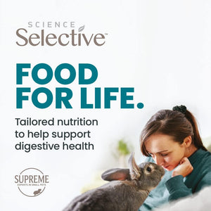 Woman petting a rabbit with 'Science Selective' food for life advertisement text at Pet Servo