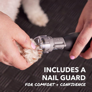 Person using a pet nail trimmer on a dog's paw with text about a nail guard.