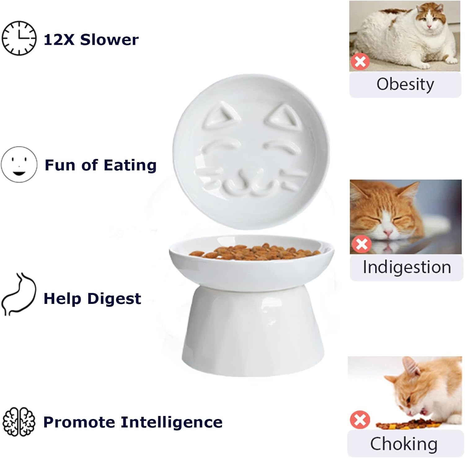 White cat-shaped pet feeder with text highlighting benefits on a white background at Pet Servo