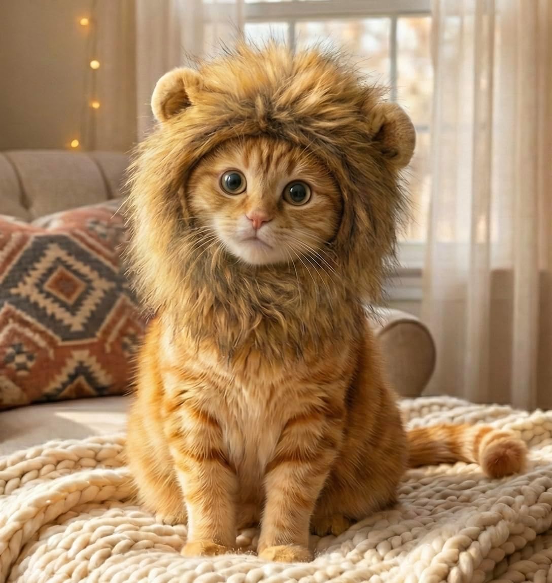 Cat wearing a lion costume sitting on a blanket in a cozy living room at Pet Servo