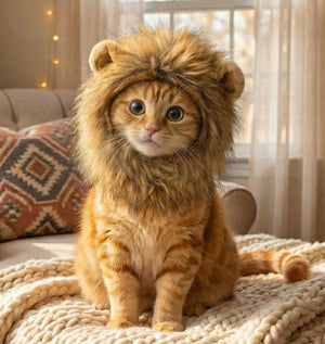 Cat wearing a lion costume sitting on a blanket in a cozy living room at Pet Servo