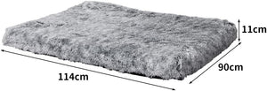 A rectangular gray shag rug shown on a white background with dimension arrows and labels indicating 114 cm length, 90 cm width, and 11 cm height at Pet Servo