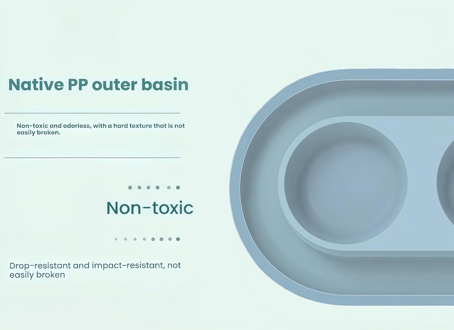 A light blue molded tray or dish shown on a pale mint background with text callouts reading 'Native PP outer basin' and 'Non-toxic' at Pet Servo