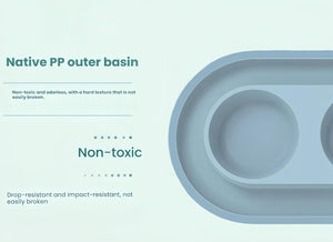 A light blue molded tray or dish shown on a pale mint background with text callouts reading 'Native PP outer basin' and 'Non-toxic' at Pet Servo