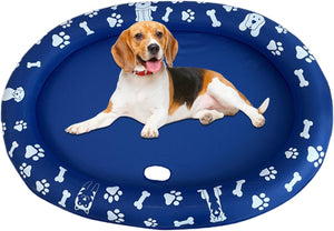 Dog lying on a blue inflatable pool with paw and bone patterns at Pet Servo