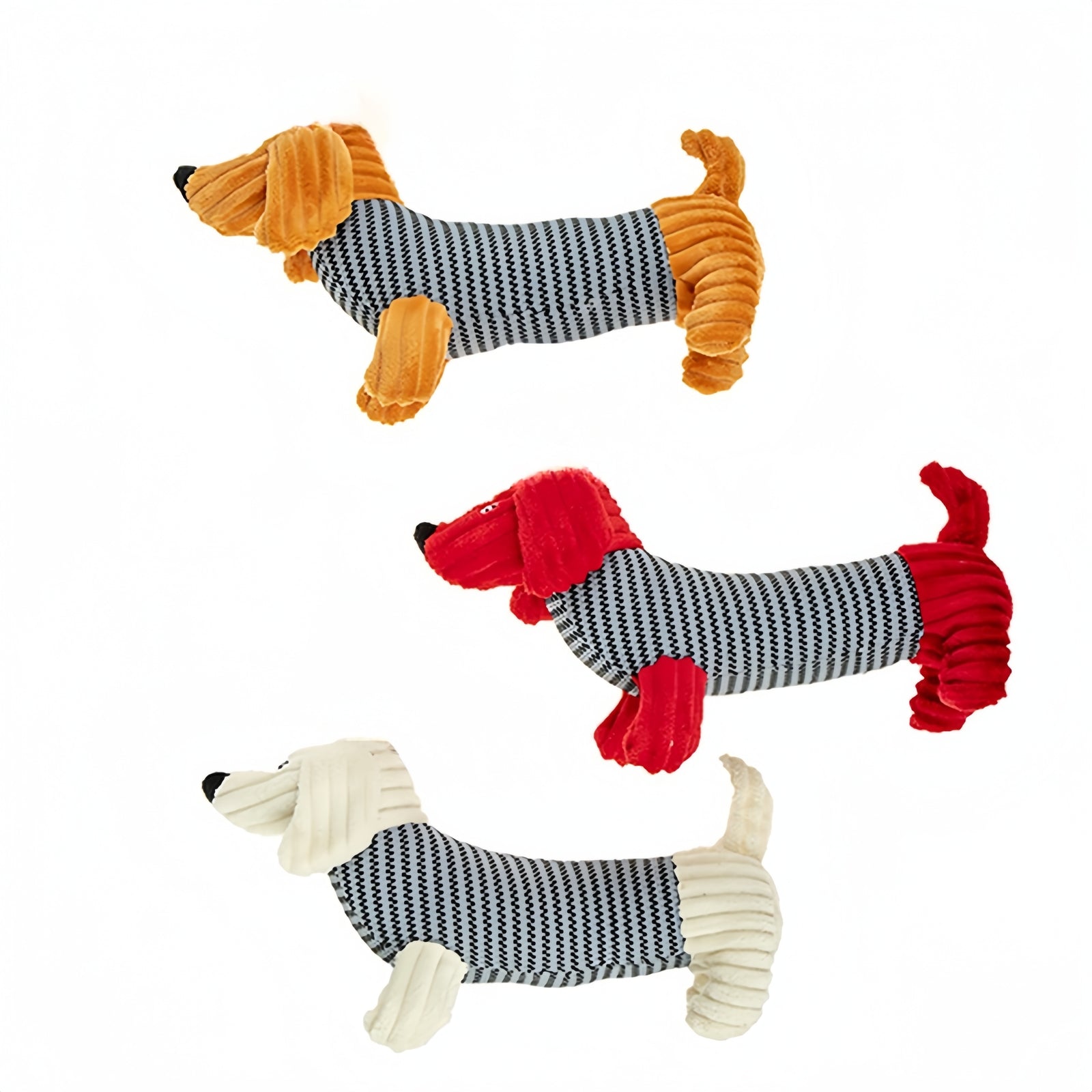 Three dog toys shaped like dachshunds with hound stooth pattern and colorful ends on a white background at Pet Servo