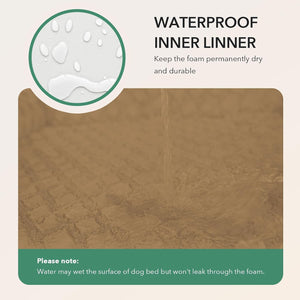 A product information graphic for a waterproof inner liner dog bed. The image features a tan textured foam insert, a circular inset showing water droplets on a white surface, and text explaining that it keeps the foam dry and durable at Pet Servo