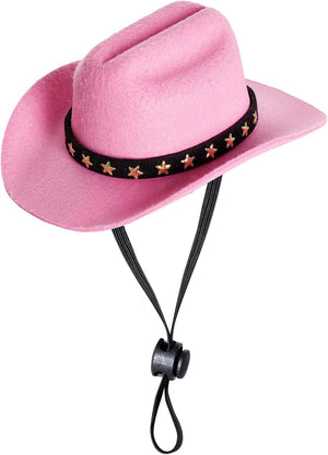 Pink cowboy hat with a black band featuring gold stars on a white background at Pet Servo