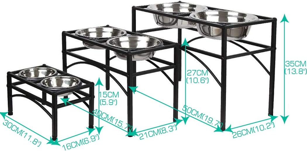 Three black metal elevated pet feeding stands with stainless steel bowls, shown with overlaid dimension labels and arrows indicating height and width measurements at Pet Servo