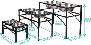 Three black metal elevated pet feeding stands with stainless steel bowls, shown with overlaid dimension labels and arrows indicating height and width measurements at Pet Servo