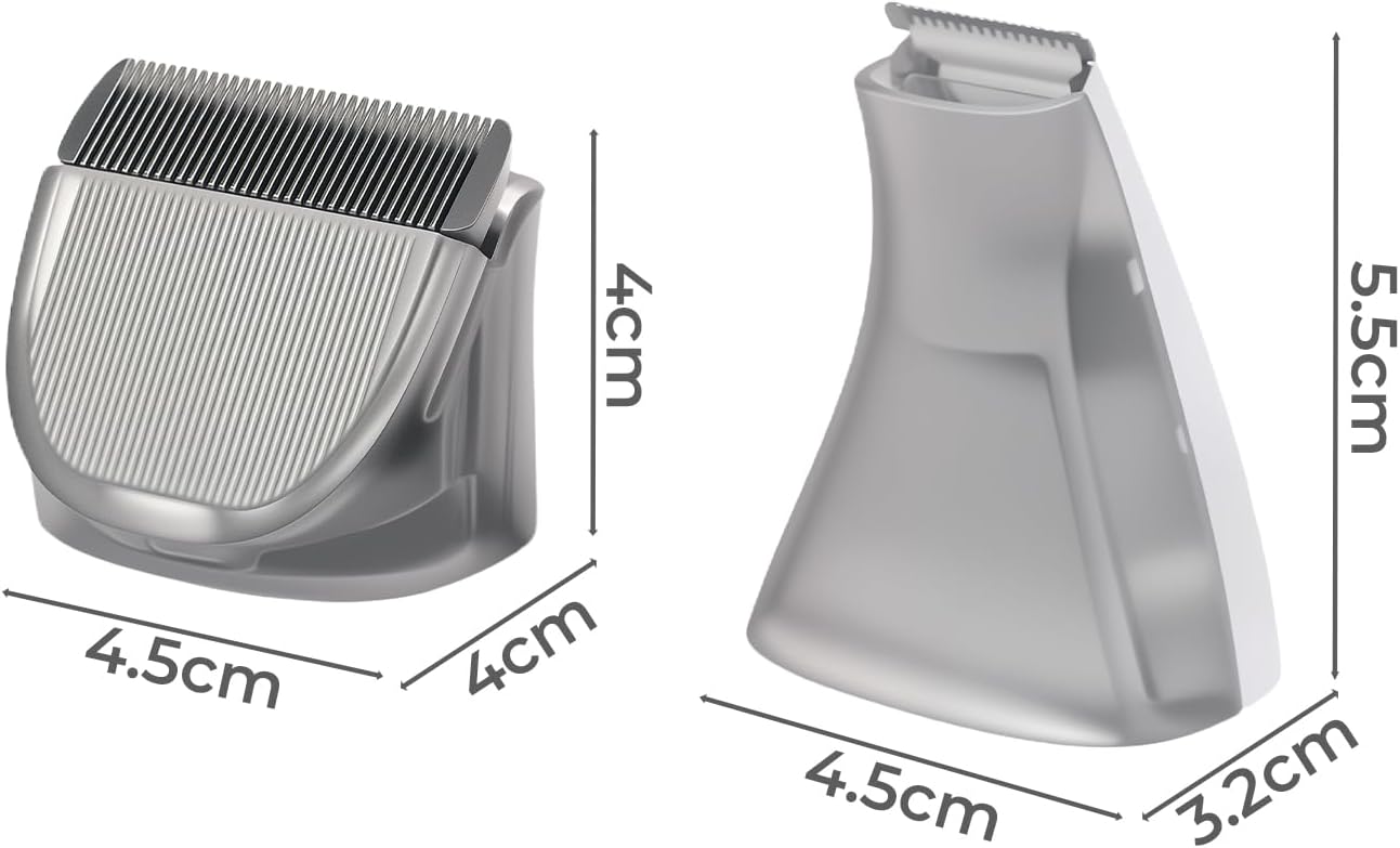Silver electric hair clippers shown from two angles with overlaid dimension labels: 4.5 cm width, 4 cm depth, and 4 cm height on the clipper, plus 5 at Pet Servo