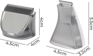 Silver electric hair clippers shown from two angles with overlaid dimension labels: 4.5 cm width, 4 cm depth, and 4 cm height on the clipper, plus 5 at Pet Servo