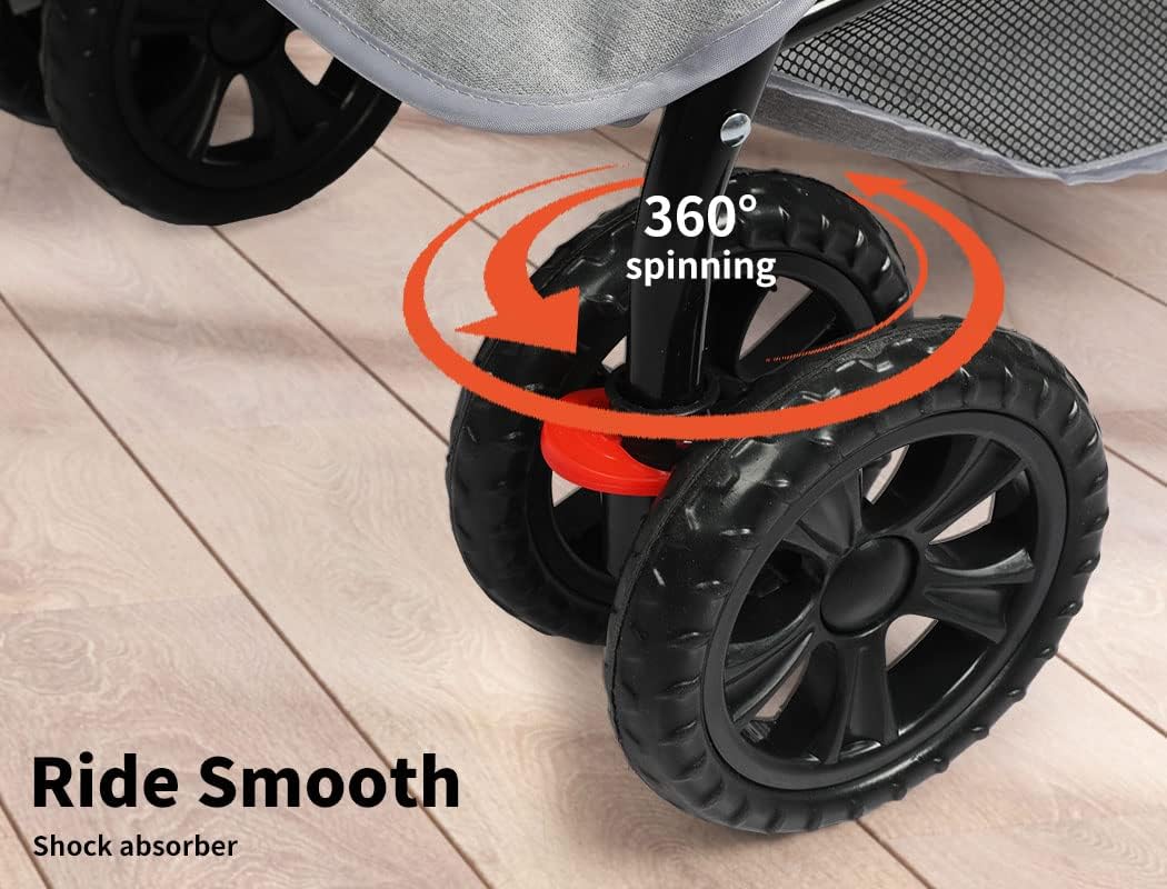 Close-up of a stroller wheel with an orange graphic showing 360-degree spinning and a red shock absorber area, over a light wood floor background with text reading 'Ride Smooth' and 'Shock absorber' at Pet Servo
