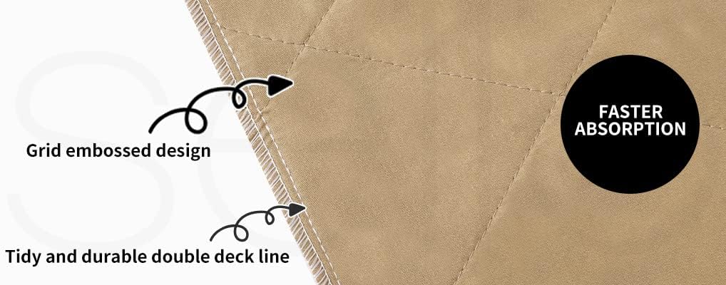 Close-up of a tan quilted fabric surface with stitched grid texture, white text callouts describing grid-embossed design and tidy double-deck line, and a black circular badge that says FASTER ABSORPTION at Pet Servo