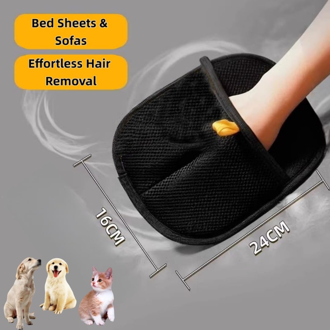 Black grooming glove with hair removal tool, measurements, and images of pets on a gray background at Pet Servo