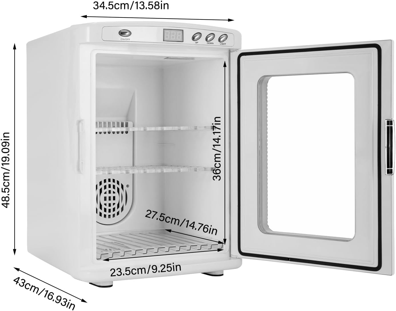 White compact countertop mini refrigerator shown with its door open, overlaid with dimension labels and measurements for width, height, and depth on a plain white background.