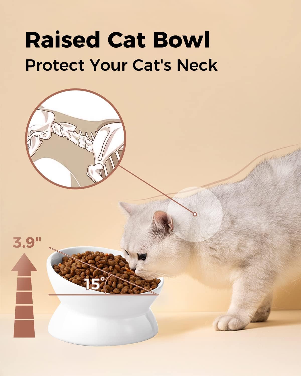 Cat eating from a raised cat bowl with text highlighting its benefits on a beige background at Pet Servo