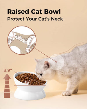 Cat eating from a raised cat bowl with text highlighting its benefits on a beige background at Pet Servo