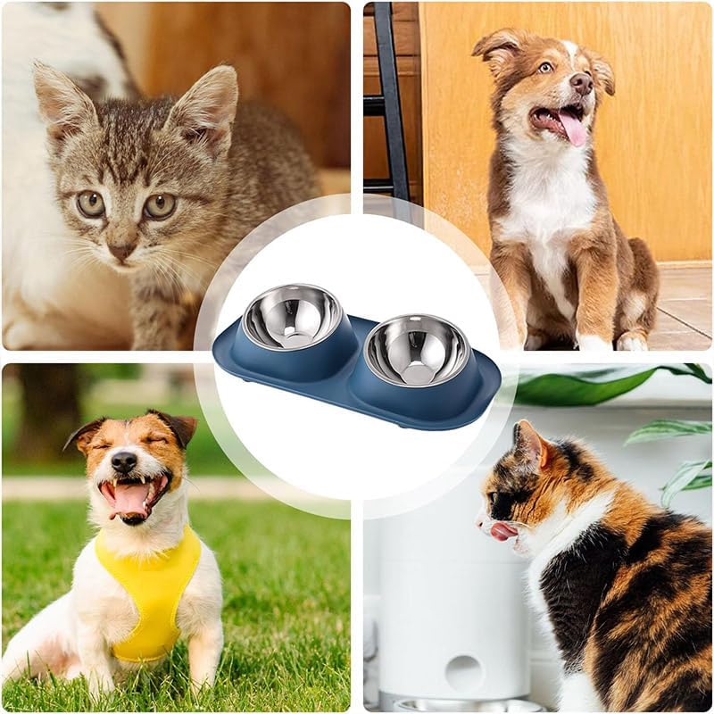 A collage showing a pet double bowl feeder in the center, surrounded by four photos of different pets including a cat, a dog, and a small dog outdoors. The feeder has a dark blue base with two stainless steel bowls at Pet Servo