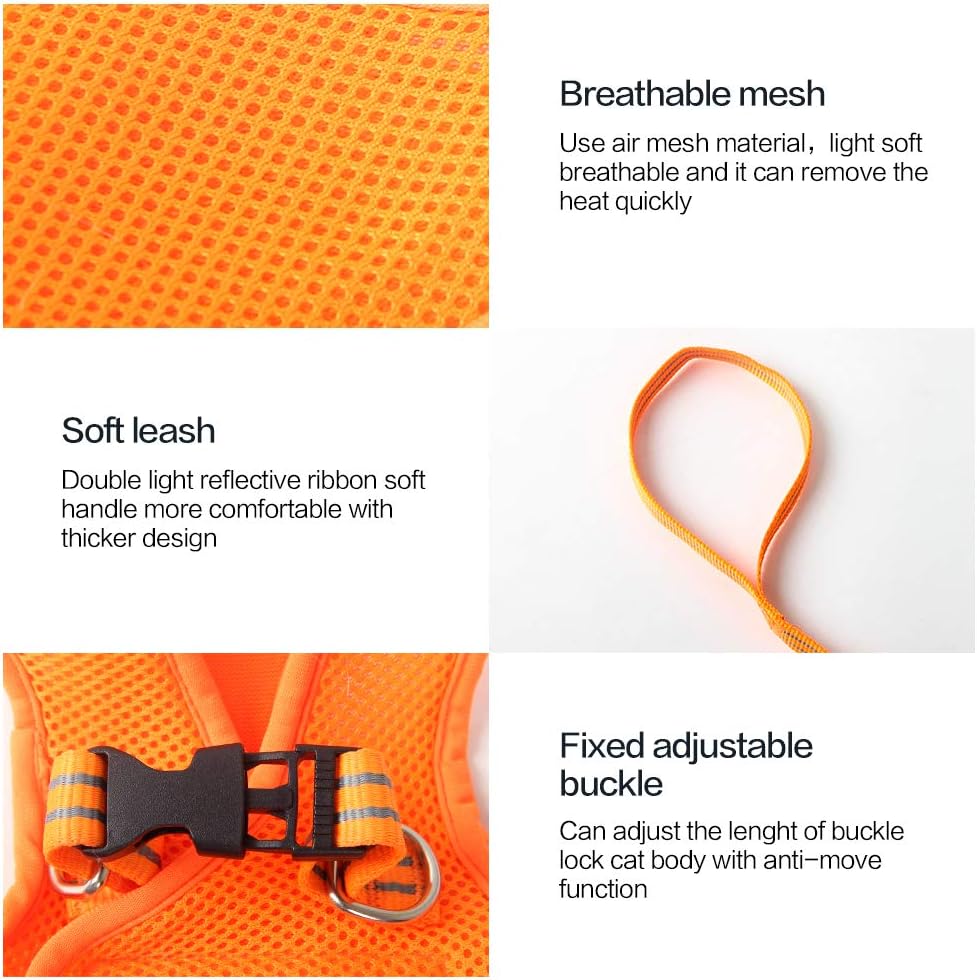 Orange dog harness with breathable mesh, soft leash, and adjustable buckle on a white background at Pet Servo