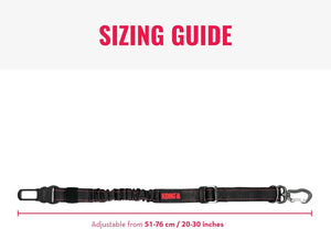 A sizing guide graphic for a black Kong & Kong pet leash, showing the leash horizontally with red text indicating adjustable length from 51-76 cm (20-30 inches) and a dimension line at the bottom at Pet Servo
