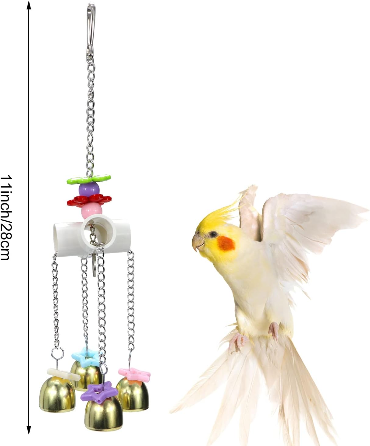 Bird toy with chains and bells next to a parrot on a white background at Pet Servo
