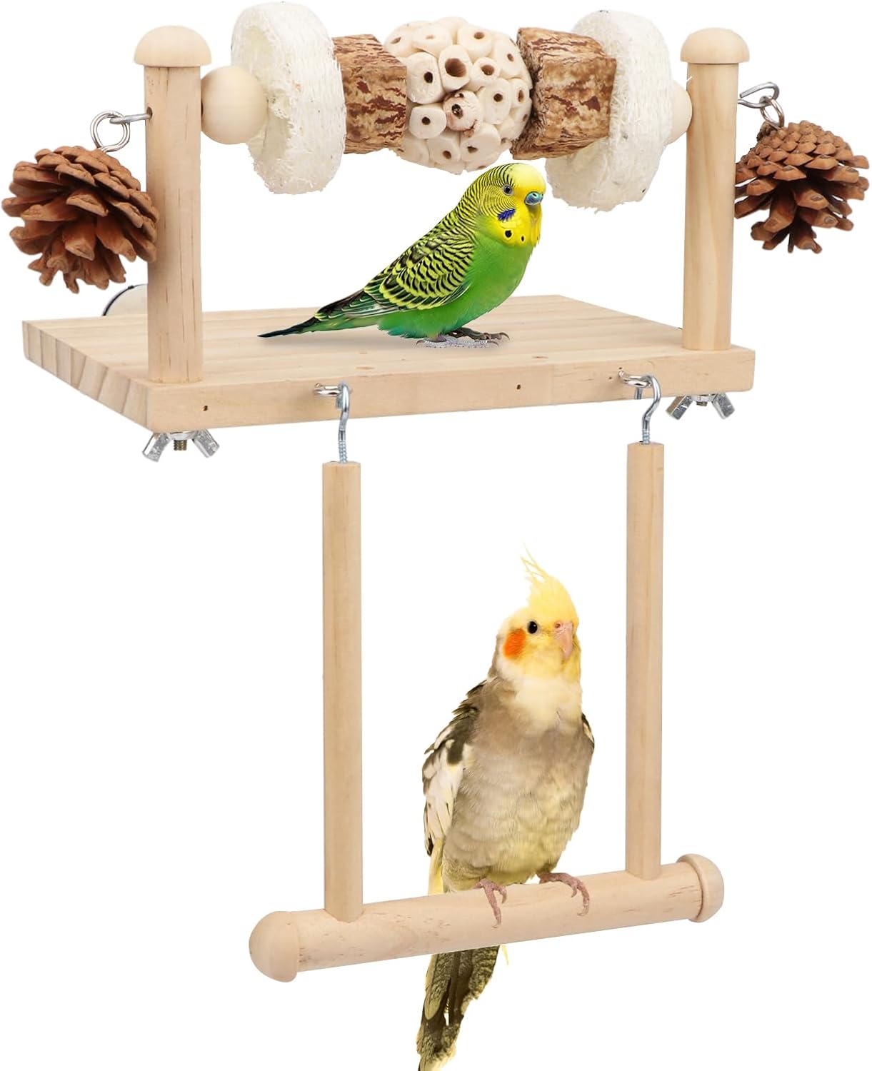 Bird perched on a wooden bird toy with pinecones and a branch at Pet Servo