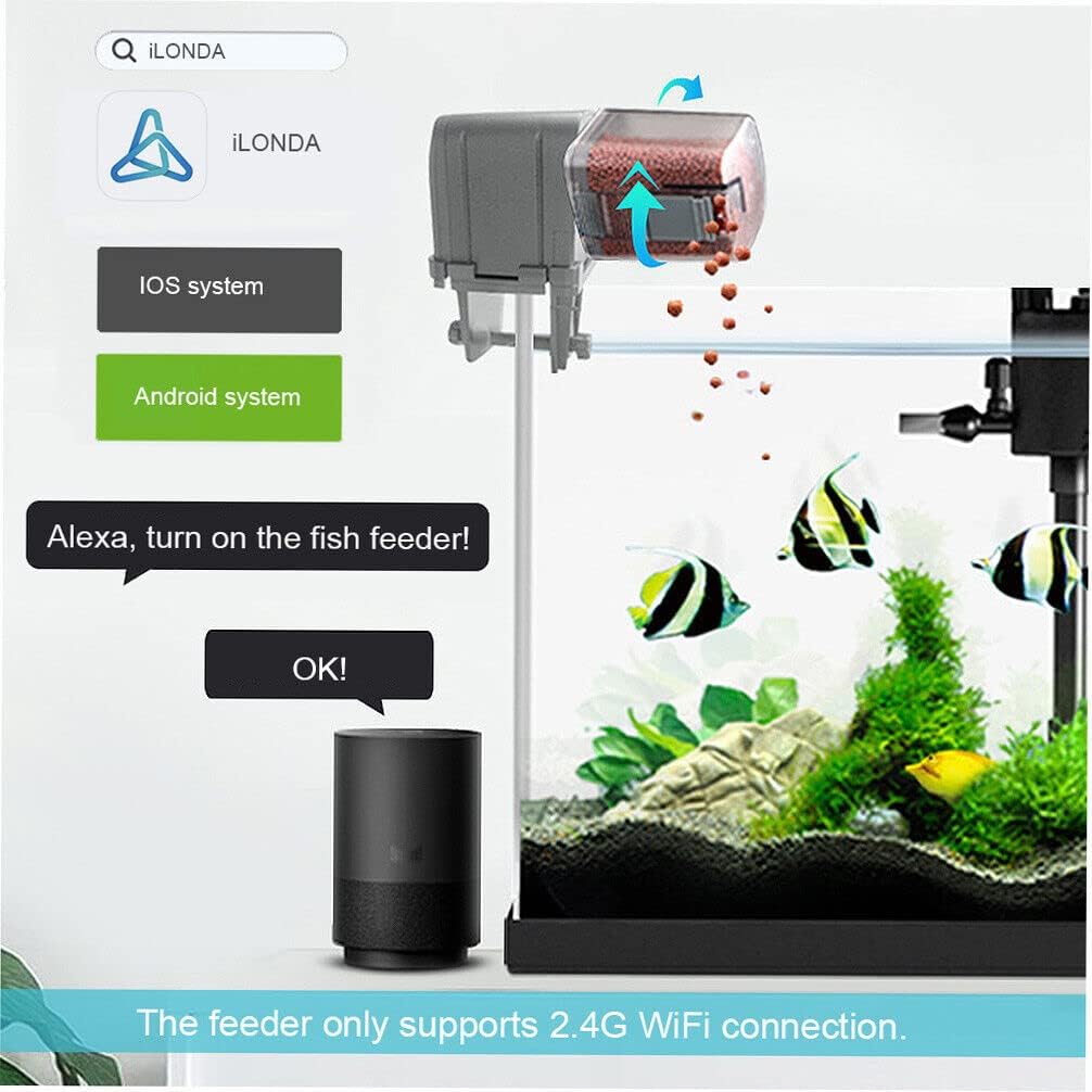 Fish feeder for aquarium with Alexa integration and text indicating support for iOS, Android, and 2.4G WiFi at Pet Servo