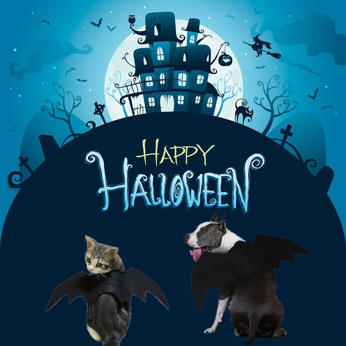 Halloween-themed graphic with a haunted house, full moon, bats, and the words “Happy Halloween” above two pets wearing black bat costumes. The background is blue with spooky silhouettes at Pet Servo