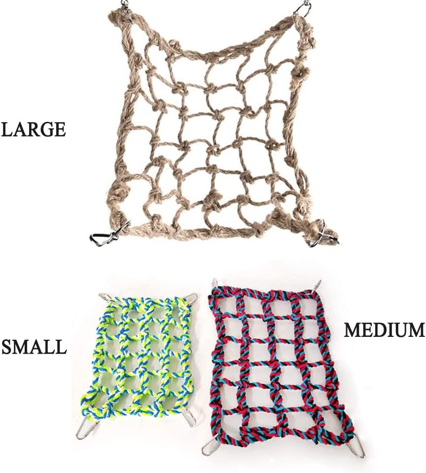 Three different sizes of rope hammocks labeled 'Large', 'Small', and 'Medium' on a white background at Pet Servo