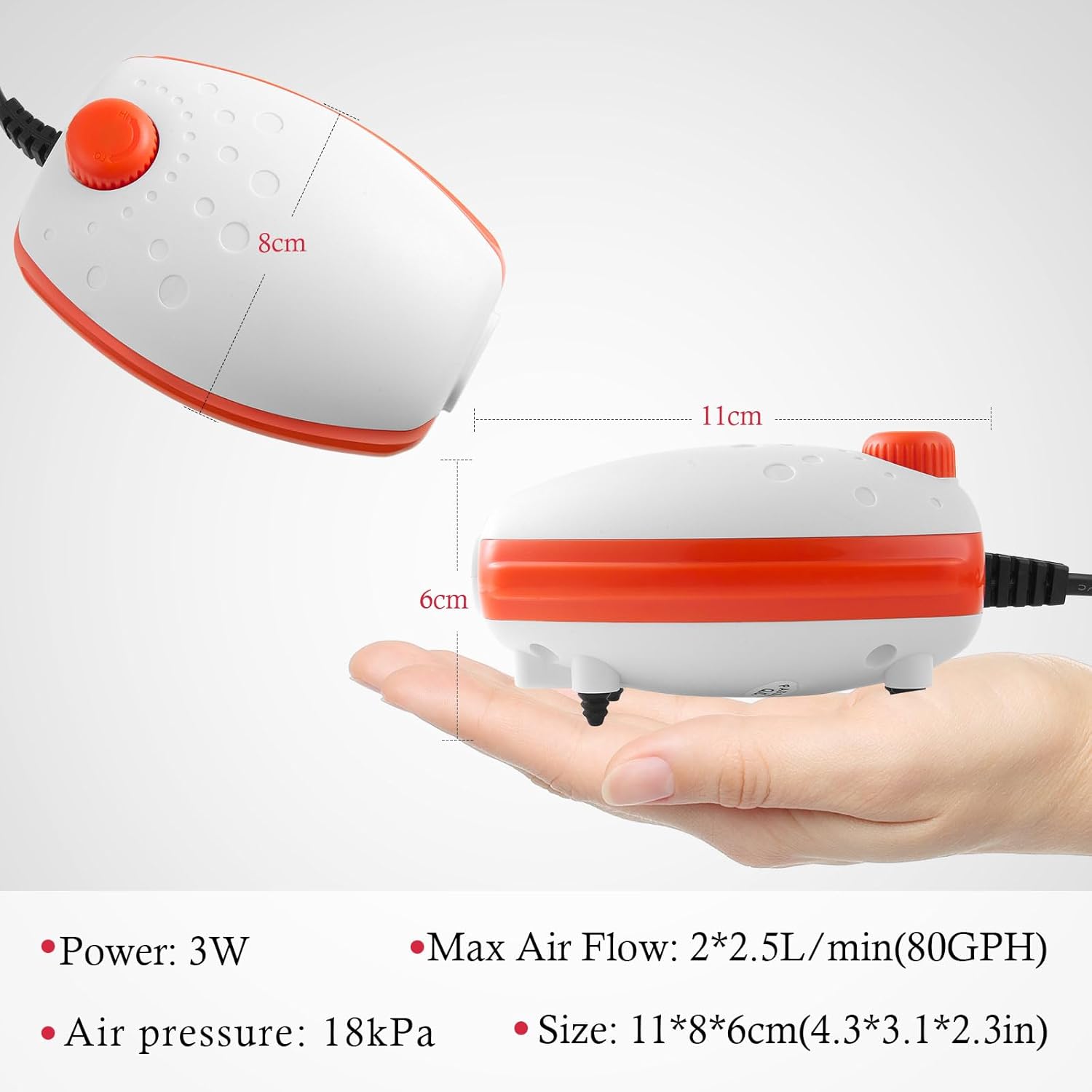 Portable air pump with dimensions and specifications on a white background at Pet Servo