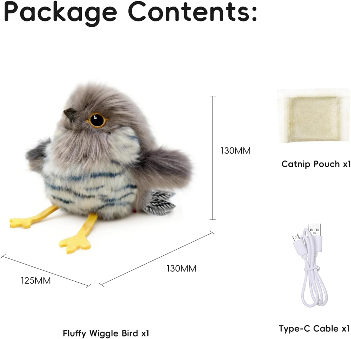 Package contents list with a fluffy wiggle bird, catnip pouch, and type-C cable on a white background at Pet Servo