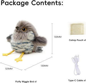 Package contents list with a fluffy wiggle bird, catnip pouch, and type-C cable on a white background at Pet Servo