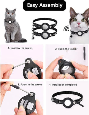 A collage showing a pet collar with an attached tracker tag and step-by-step assembly instructions, plus photos of a gray cat wearing the collar. The top text reads 'Easy Assembly at Pet Servo
