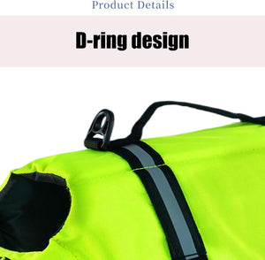 Close-up of a bright yellow life jacket with a D-ring design on a white background at Pet Servo