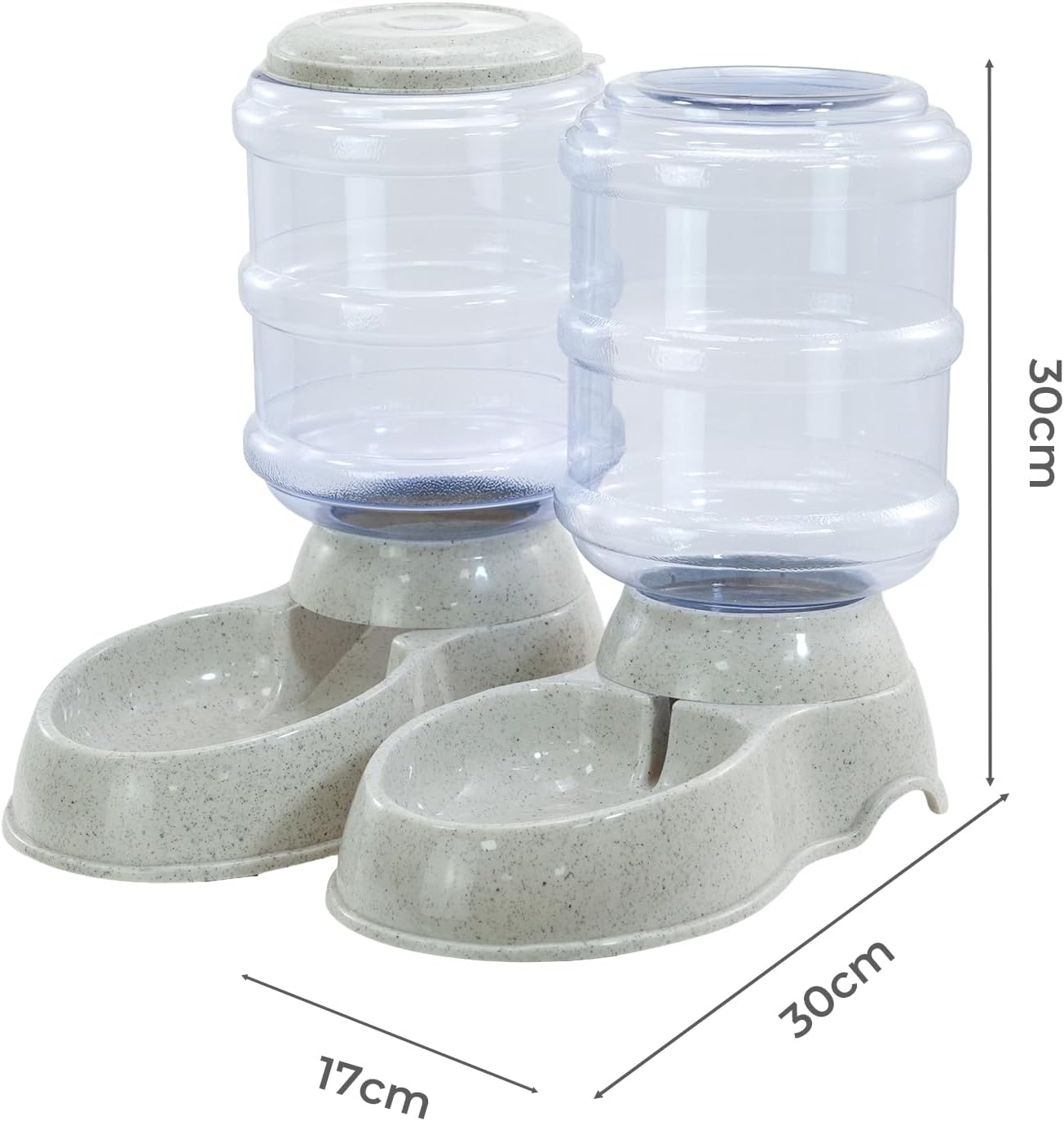Two pet water fountains with clear plastic water tanks and light gray speckled bases, shown with dimension lines indicating 30cm height, 30cm width, and 17cm depth on a white background at Pet Servo