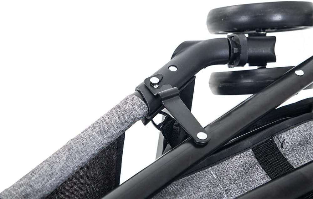 Close-up of a stroller frame with a black metal handlebar, black wheels, and a gray textured fabric canopy on a white background at Pet Servo