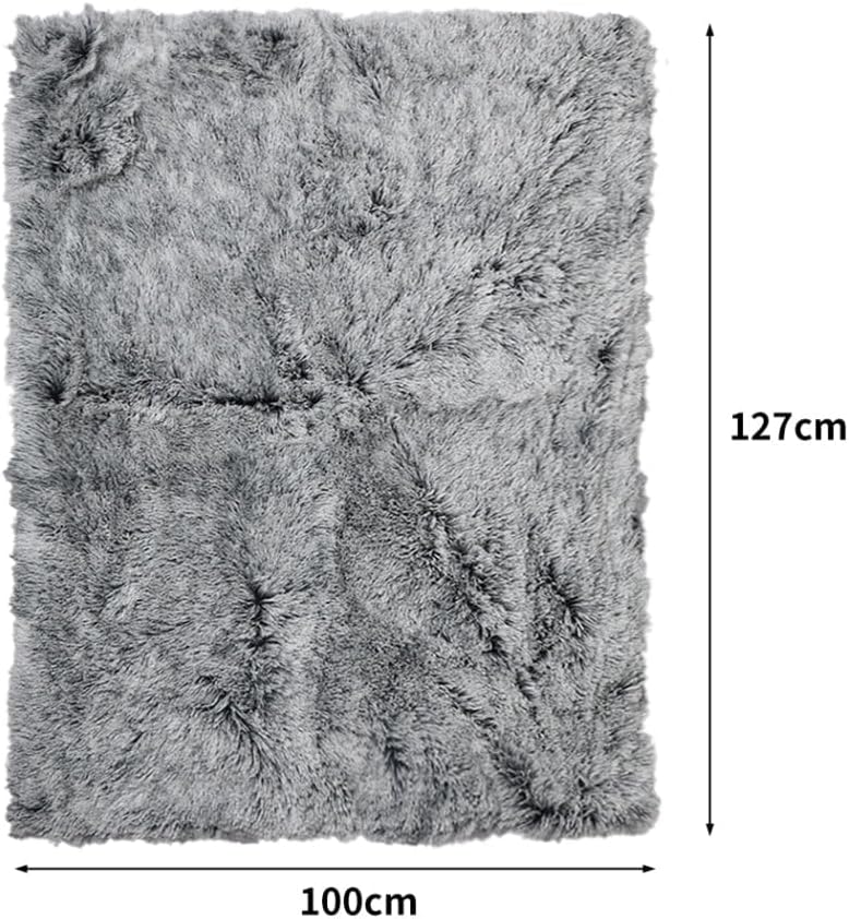 A gray shaggy faux-fur rug shown from above with dimension arrows and labels indicating 127 cm height and 100 cm width on a white background at Pet Servo