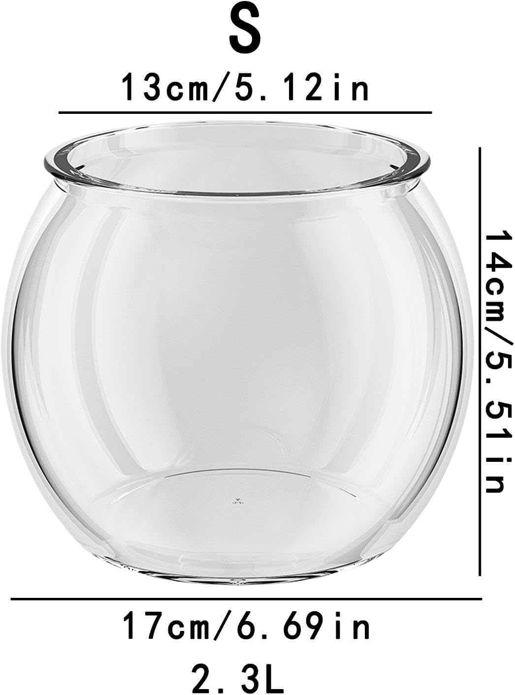 Clear glass fishbowl with dimensions labeled on a white background at Pet Servo