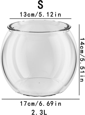 Clear glass fishbowl with dimensions labeled on a white background at Pet Servo