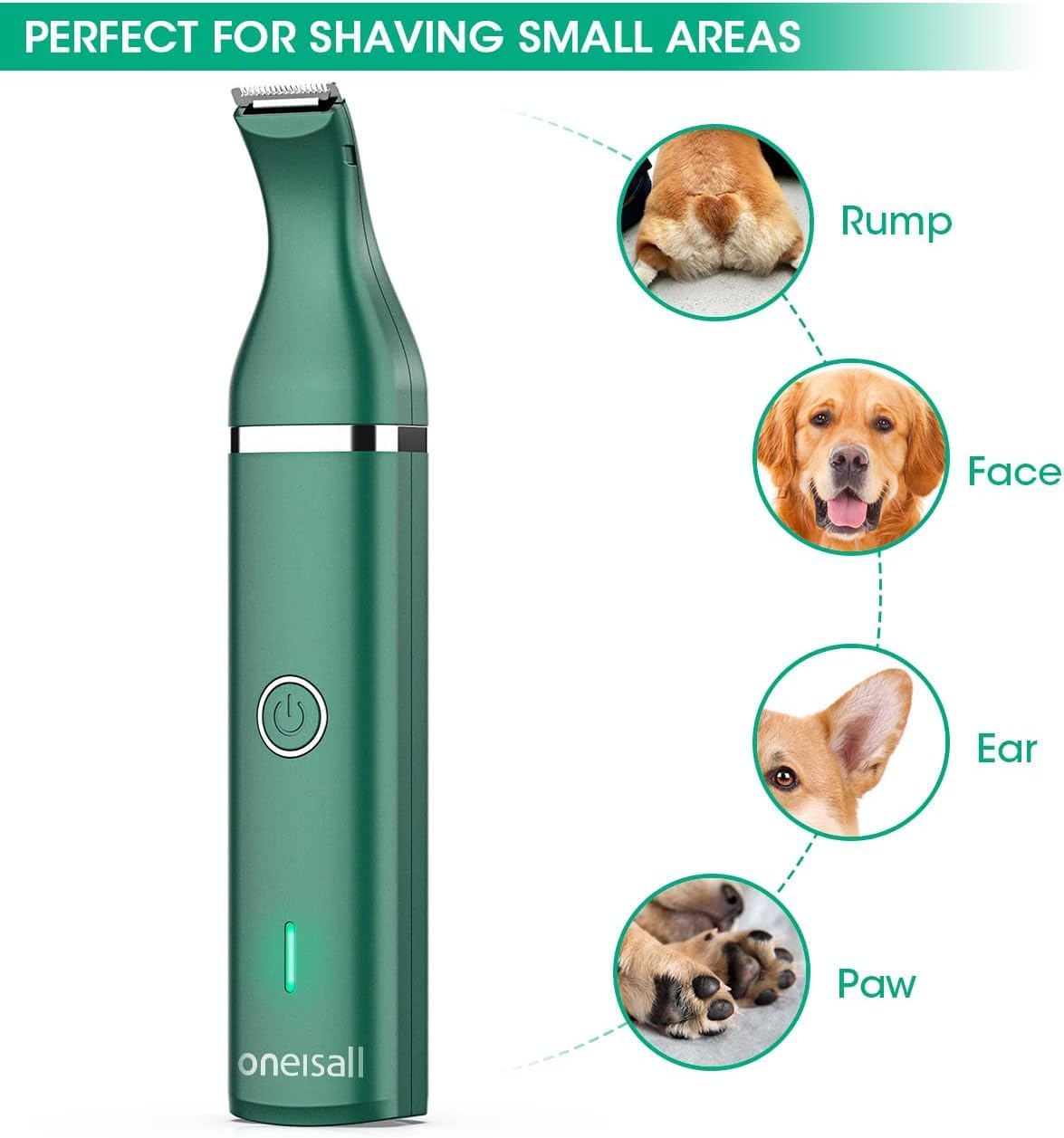Green pet grooming clipper with illustrations of dog body parts and 'oneisall' branding at Pet Servo