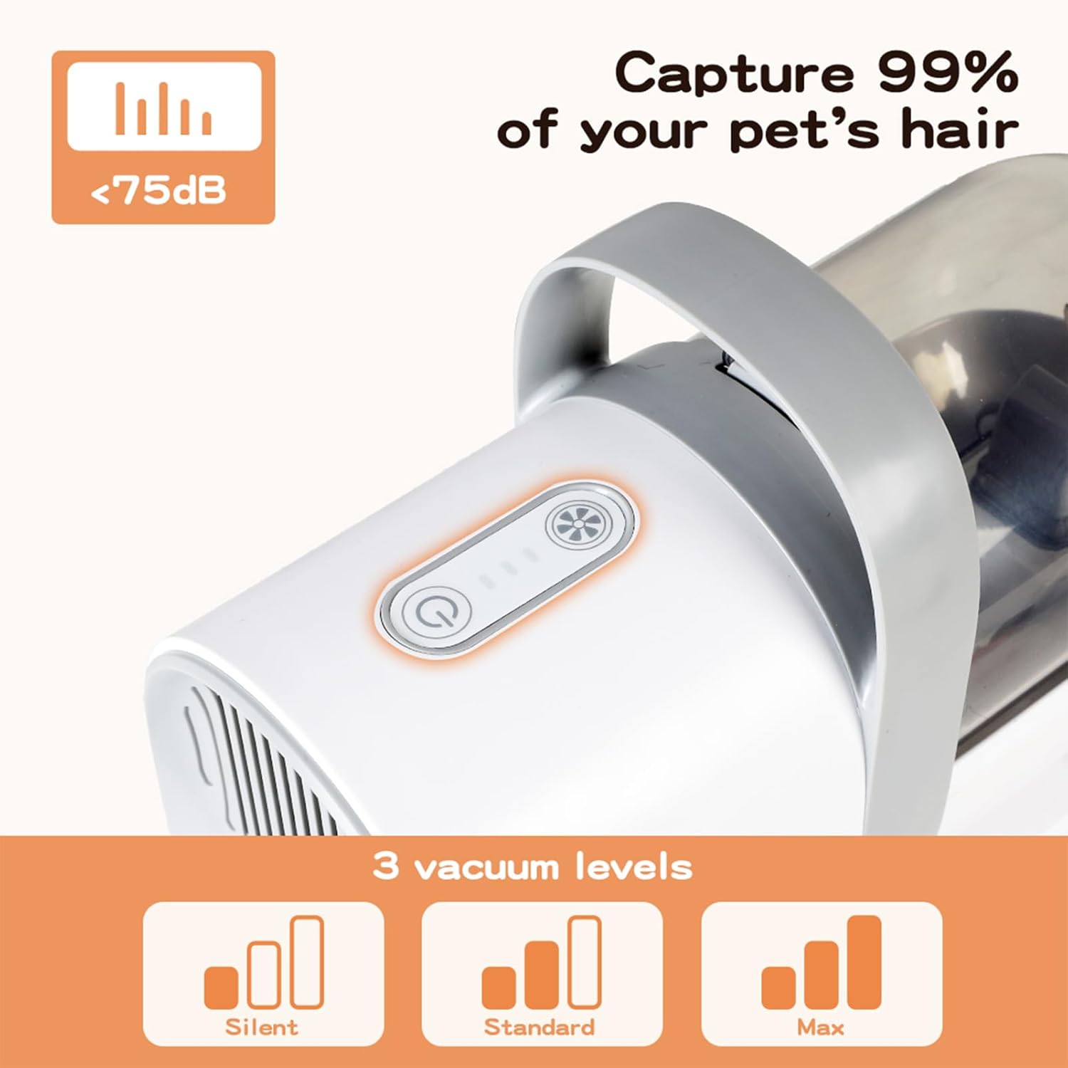 Pet hair vacuum cleaner with noise level indicator and vacuum level options on a white background at Pet Servo