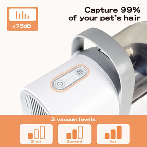 Pet hair vacuum cleaner with noise level indicator and vacuum level options on a white background at Pet Servo